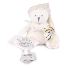Doudou Zestaw upominkowy Miś z uchwytem na smoczek i kocykiem beżowy 20 cm
