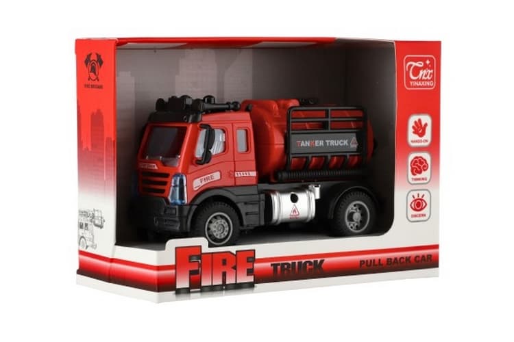 Auto hasiči s cisternou plast 12cm na zpětné natažení v krabičce 17x12x8cm
