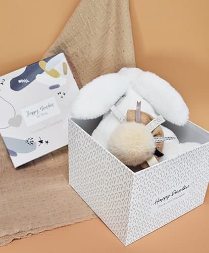 Doudou Coffret cadeau - Lapin en peluche avec pompon beige 25 cm