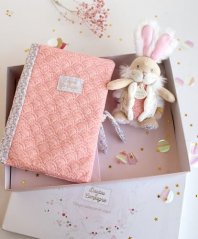 Set regalo Doudou - coniglio di peluche rosa e astuccio per pannolini