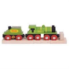 Bigjigs Rail Zöld mozdony tenderrel + 3 sínpálya