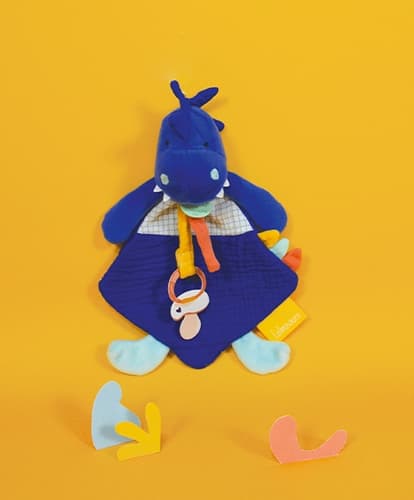 Doudou Zestaw upominkowy - Zabawka z uchwytem na smoczek dinozaur niebieski 23 cm