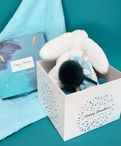 Doudou Coffret cadeau - Lapin en peluche avec pompon bleu foncé 25 cm