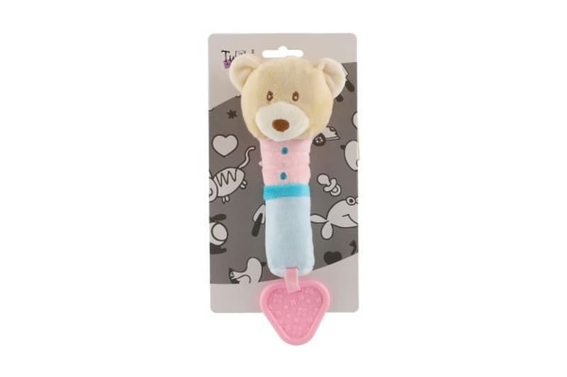 Píšťalka/hračka medvedík plyšový v béžovej farbe na karte v taške