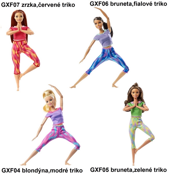 Barbie V pohybu - Varianty: GXF04 blondýna,modré triko