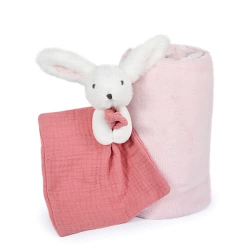 Coffret cadeau Doudou Happy Rabbit avec une écharpe et une gigoteuse rose