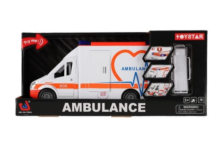 Auto ambulance plast 28cm s lehátkem na setrvačník se světlem se zvukem v krabici