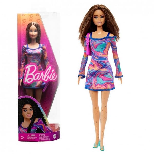 Barbie modelka - duhové marble šaty