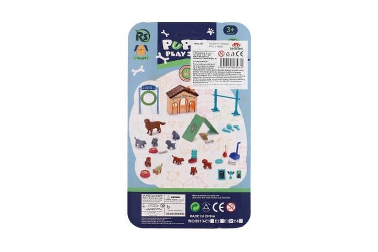 Kiskutyák/kutyák 3db házikóval/bouduval műanyagból, tartozékokkal kártyán 15x25x5cm