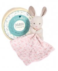 Doudou Coffret cadeau - Lapin en peluche avec couverture rose en coton bio 15 cm