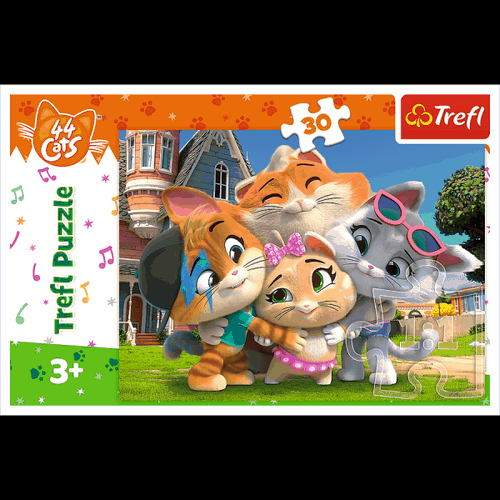Puzzle Prietenie în țara pisicilor/44 pisici 27x20cm 30 piese în cutie 21x14x4cm