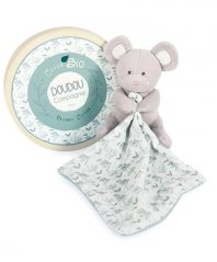 Doudou Coffret cadeau - Souris en peluche avec couverture en coton bio 15 cm vert et blanc