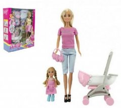 Set poupée avec fille et landau + accessoires plastique dans boîte 27x34x9cm