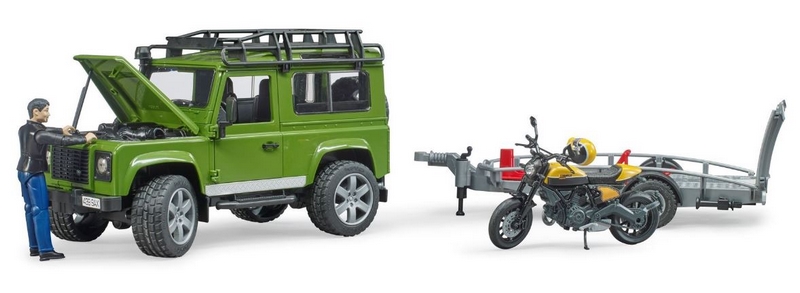 Bruder 2589 Land Rover con remolque, moto y figura