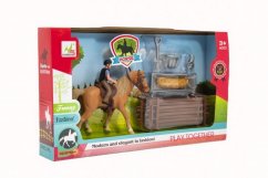 Kůň + panáček žokej plast s ohradou s doplňky v krabici 33x19x5,5cm
