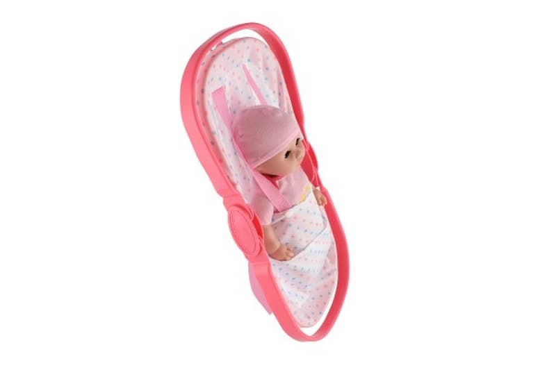 Panenka/miminko s nosítkem mrkací čurající plast pevné tělo s doplňky na bat. Se zvukem v sáčku