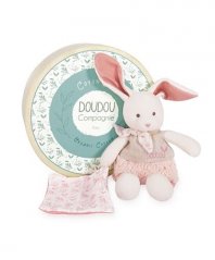 Zestaw upominkowy Doudou - Pluszowy króliczek ecru z różowym kocykiem z bawełny organicznej 22 cm