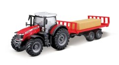 Bburago - FARMLAND, Messey Ferguson 8740S s přívěsem na balíky, 10 cm