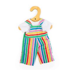Bigjigs Toys csíkos kantáros nadrág és fehér póló 28 cm-es babához