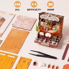 RoboTime Puzzle 3D din lemn Casă miniaturală Pisică amețitoare Bară