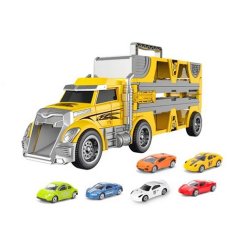 Bavytoy Camion valise jaune avec rails et 6 voitures