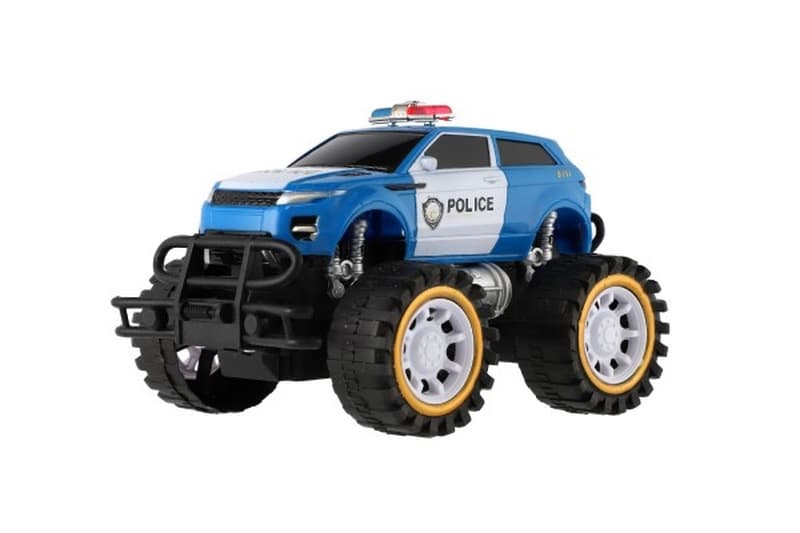 Voiture de police tout terrain grandes roues en plastique 18cm sur volant en boîte