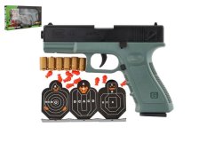 Pistole na pěnové náboje plast 19cm + terče 3ks, náboje 6ks