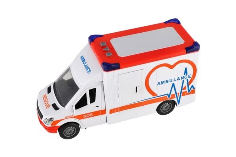 Auto ambulance plast 28cm s lehátkem na setrvačník se světlem se zvukem v krabici