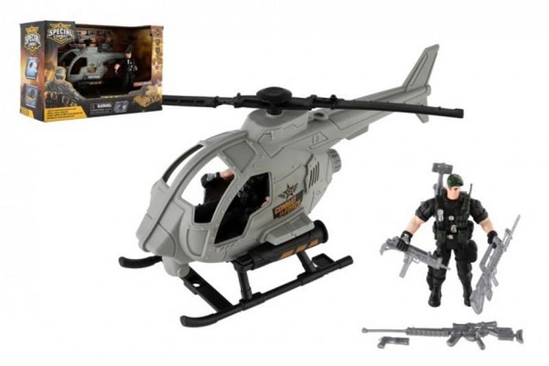 Helikopter wojskowy z plastikowym żołnierzem i akcesoriami w pudełku