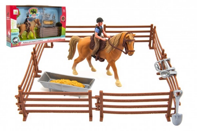 Păpușă cal + jocheu din plastic cu gard cu accesorii în cutie 33x19x5,5cm