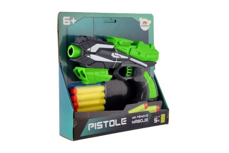 Pistole na pěnové náboje plast + 5ks nábojů zelená