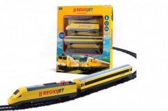 Sárga RegioJet vonat sínekkel 18db műanyag, hanggal és fénnyel, dobozban 38x43x6cm