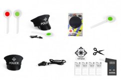 Set de poliție șapcă din pânză/plastic, palmă, fluier pe carton