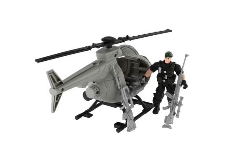 Helicóptero militar con soldado de plástico con accesorios en caja