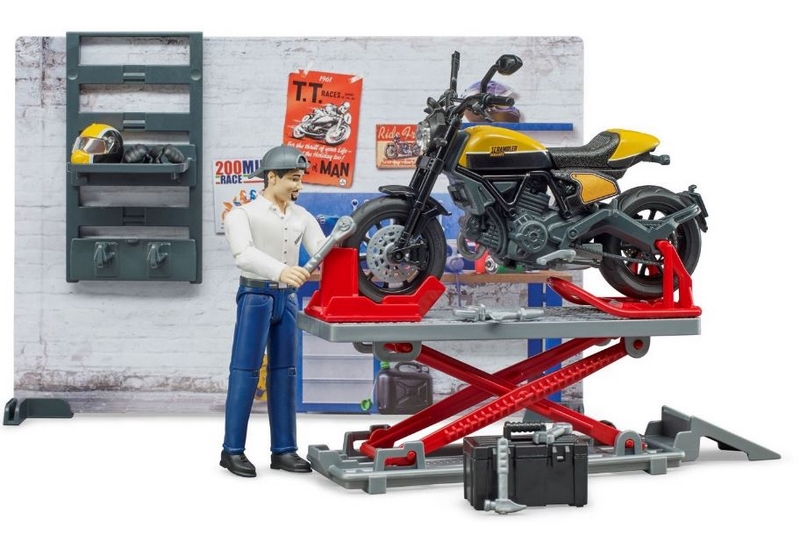 Bruder 62102 BWORLD Atelier de motoare Bruder 62102 BWORLD cu figurină de mecanic și motocicletă