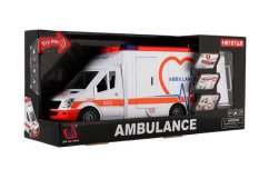 Auto ambulance plast 28cm s lehátkem na setrvačník se světlem se zvukem v krabici