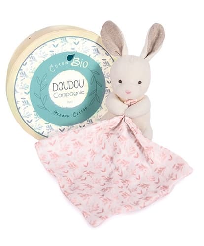 Zestaw upominkowy Doudou - Pluszowy króliczek z różowym kocykiem z bawełny organicznej 15 cm