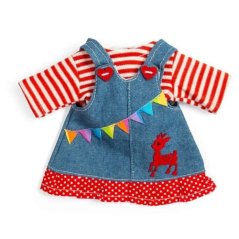 Bigjigs Toys Rochie din denim cu bretele și tricou în dungi pentru păpușă de 28 cm
