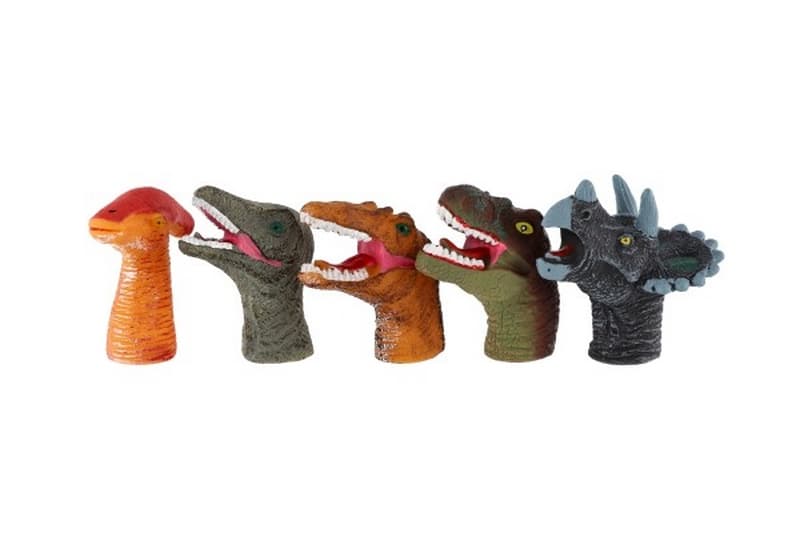 Marionnette à doigt dinosaures 5pcs caoutchouc 6cm sur carte 16,5x20cm