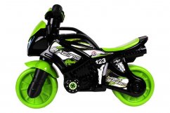 Scooter moto vert-noir en plastique à piles avec lumière et son dans un sac.