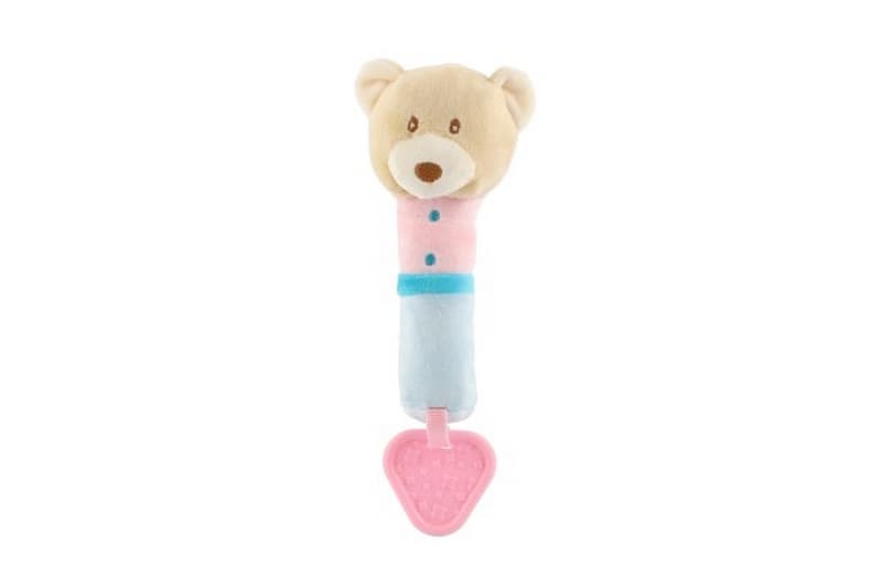 Píšťalka/hračka medvedík plyšový v béžovej farbe na karte v taške