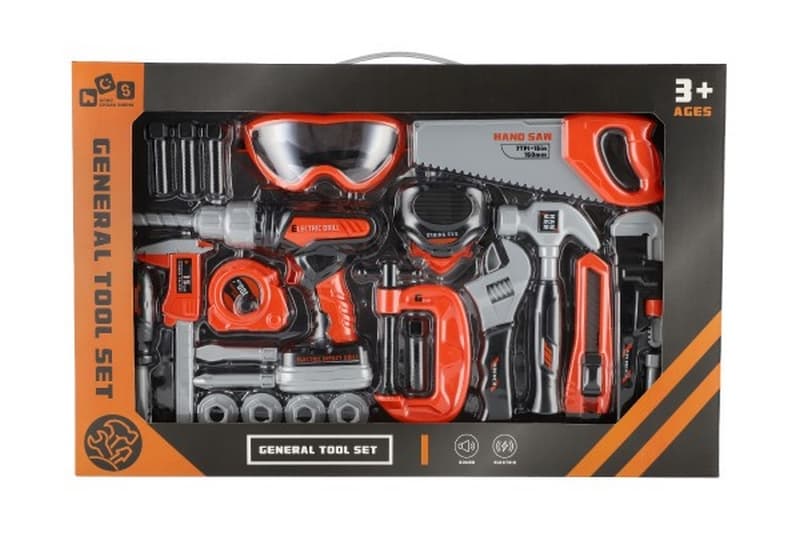 Set d'outils en plastique avec perceuse à piles 20x16cm avec son dans une boîte 50x32x9cm