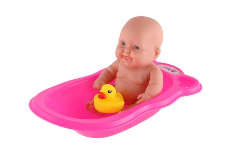 Muñeca bebé con pato 20cm en bañera plástico cuerpo macizo en bolsa
