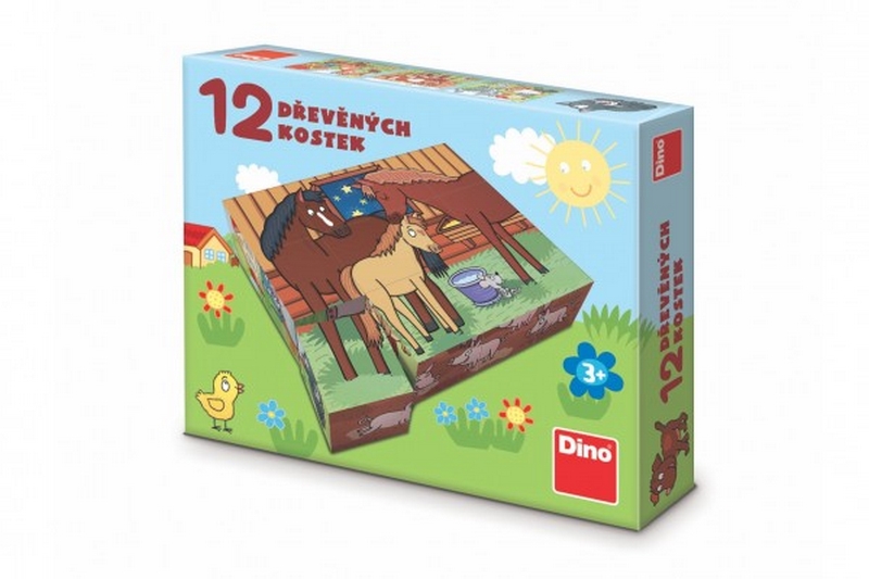 Kostky kubus domácí zvířátka dřevo 12ks v krabičce