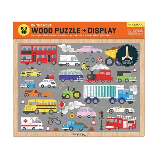 Mudpuppy Puzzle din lemn Vehicule + Afișaj 100 piese
