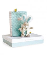 Set cadou Doudou - iepure de pluș turcoaz și cutie de scutec