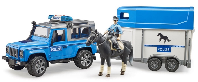 Bruder 2588 Land Rover policyjny z transporterem dla koni i policjantem