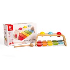 Szögelő szerszám/Xilofon 2in1 fa 29x18cm kalapáccsal és golyókkal, 12m+