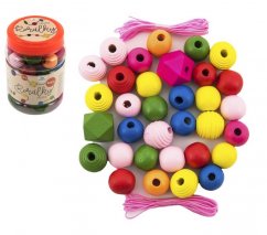 Drevené farebné korálky MAXI s gumičkami 54 ks v plastovej krabičke
