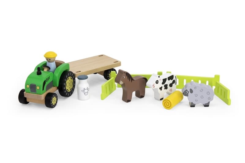 Tractor de madera con animales